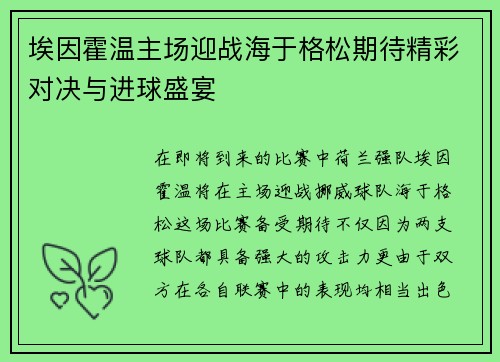 埃因霍温主场迎战海于格松期待精彩对决与进球盛宴
