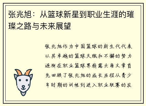 张兆旭：从篮球新星到职业生涯的璀璨之路与未来展望